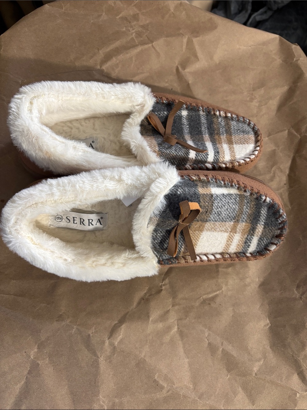 Serra Plaid Faux-Fur Lined Moccasin Slippers - Brown/White/Gray
